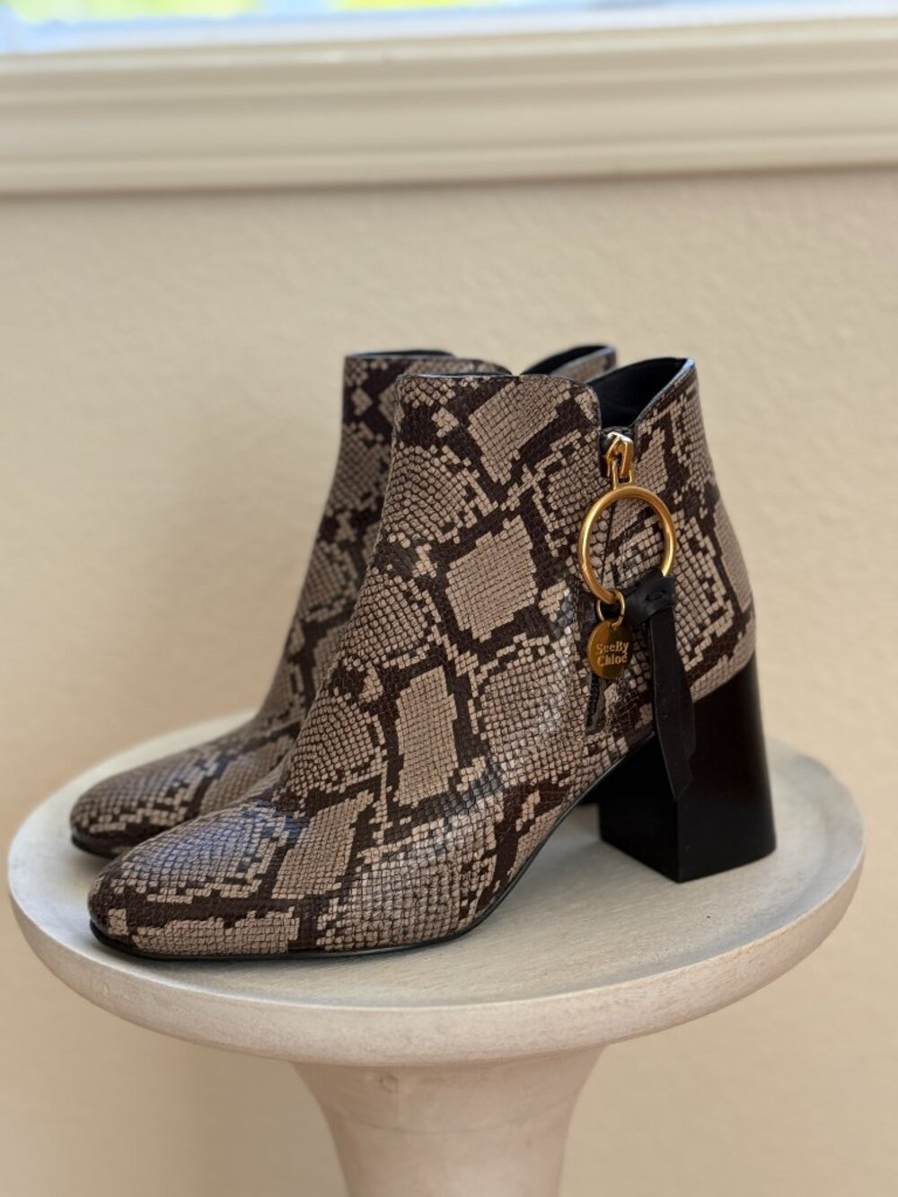 See by Chloé Leather Ankle Boots in Snakeskin Size 37